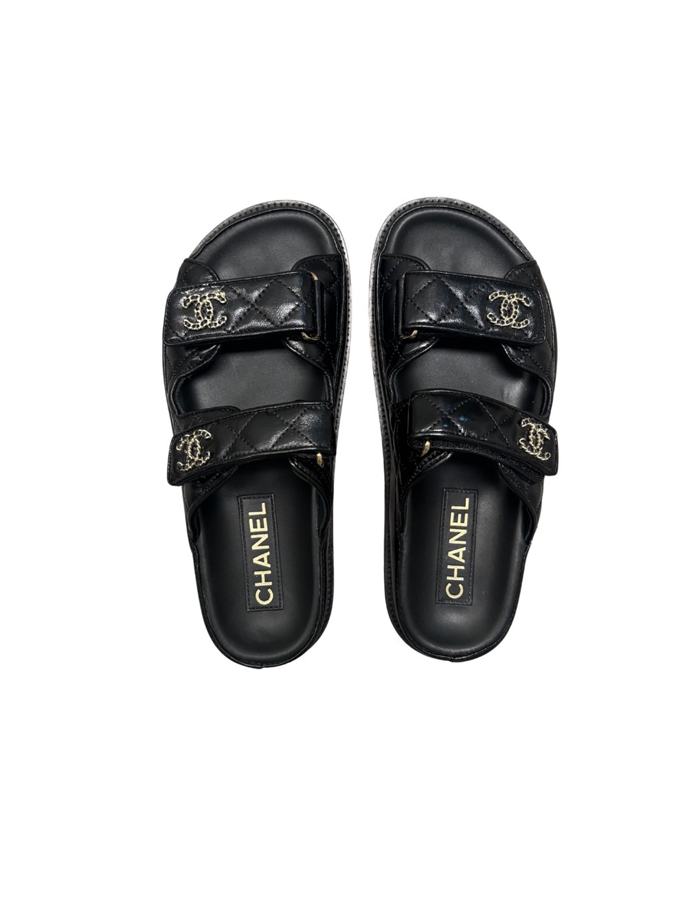 CHANEL Black Quilted Leather Double-Strap Slides with Gold CC